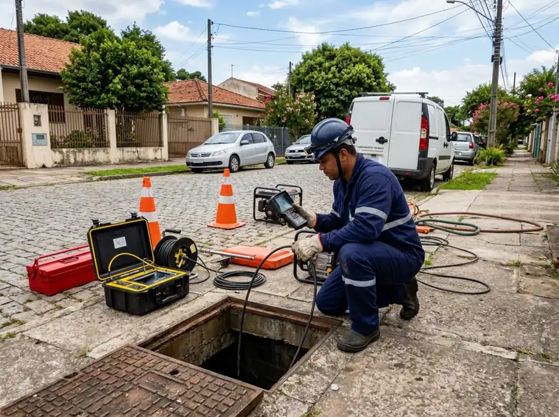 Equipe limpando caixa de inspeção e tubulação de esgoto residencial